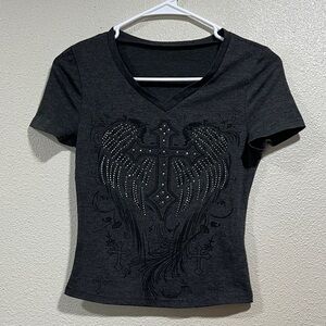 Women’s Black V-Neck Graphic Tee with Rhinestone Cross